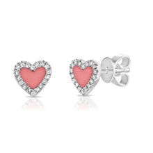 Load image into Gallery viewer, Pave Diamond Heart Stud Earrings with Pink Opal Inlay

