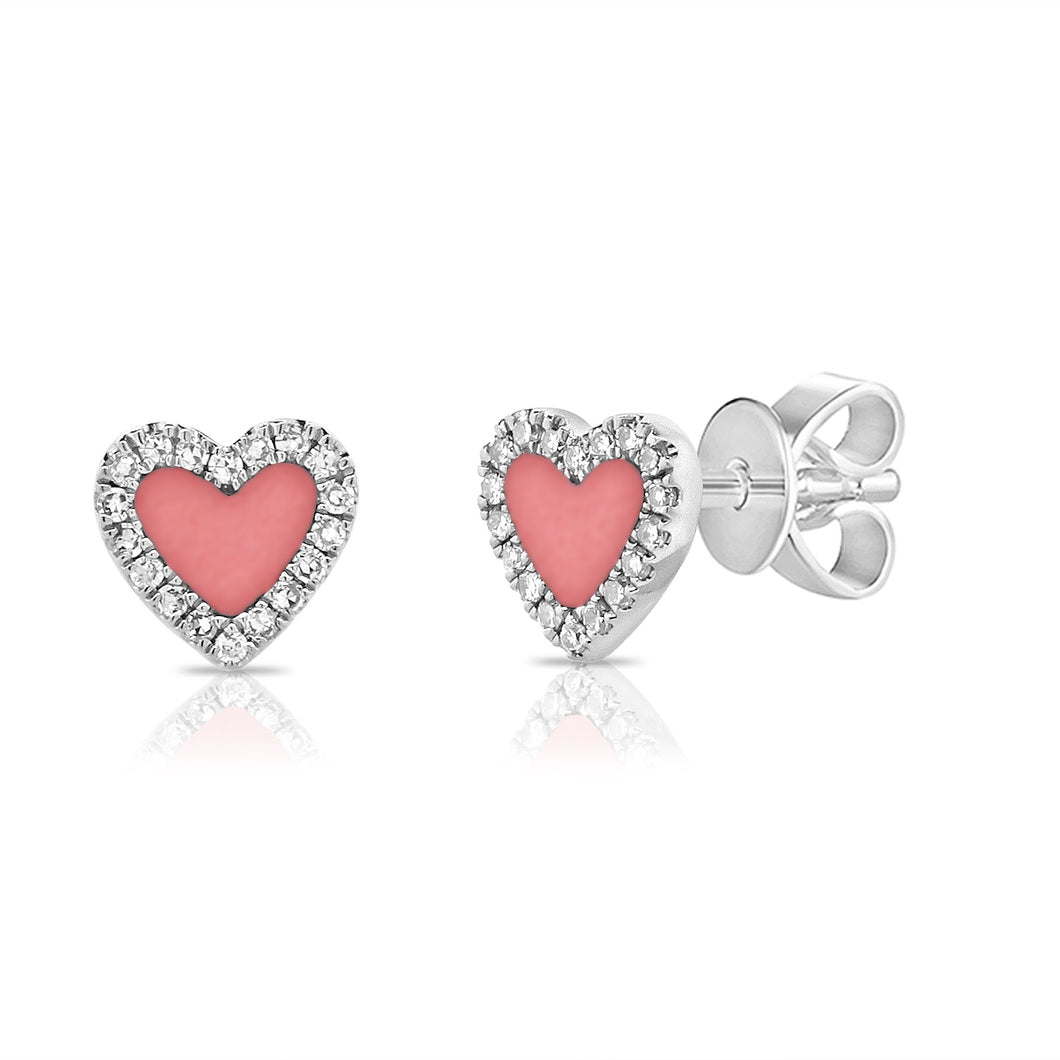 Pave Diamond Heart Stud Earrings with Pink Opal Inlay