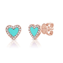 Load image into Gallery viewer, Pave Diamond Heart Stud Earrings with Turquoise Inlay

