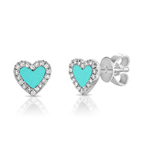 Load image into Gallery viewer, Pave Diamond Heart Stud Earrings with Turquoise Inlay
